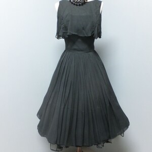 Vintage 50s/60s Mardi Gras New York Black Chiffon Fit and Flare Dress, Rockabilly, Circle Skirt, Metal Zipper,  34 Bust