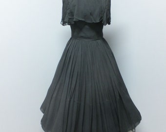 Vintage 50s/60s Mardi Gras New York Black Chiffon Fit and Flare Dress, Rockabilly, Circle Skirt, Metal Zipper,  34 Bust