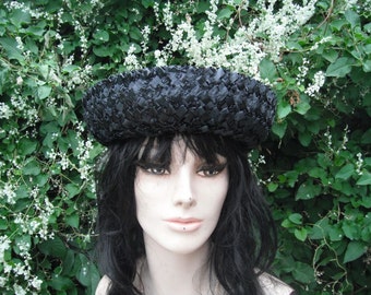 Vintage HAT, Black Raffia Summer Hat w/Back , by Valerie Modes, Suit, Church Hat, Boho Look