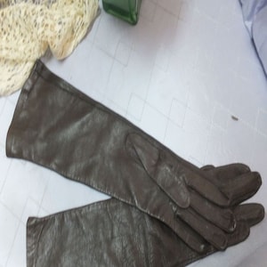 Vintage Van Raalte Elbow Length Brown Leather Gloves size 6.5 New w/Tag from The Emporium, Burlesque Glamorous Hollywood Las Vegas