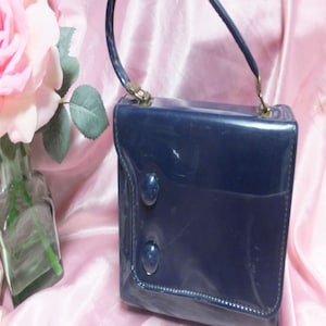 1960s NAVY BLUE Patent Leather Pillbox Purse, Footed Bottom, Two Side Compartments, Petite or Small HandBag