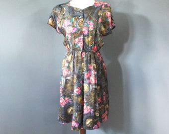 Vintage 1970s/80s DRESS, Brown Floral & Rose Print, Secretary, School or Day Dress,  34 bust, Small