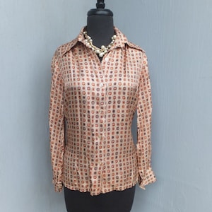 Vintage 60s/70s Ladies Blouse, Alice Stuart,  Classic Ladies Button Down, Brown and Orange Graphic Print, Career Blouse, Medium or Size 8