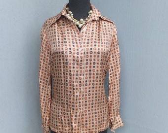 Vintage 60s/70s Ladies Blouse, Alice Stuart,  Classic Ladies Button Down, Brown and Orange Graphic Print, Career Blouse, Medium or Size 8