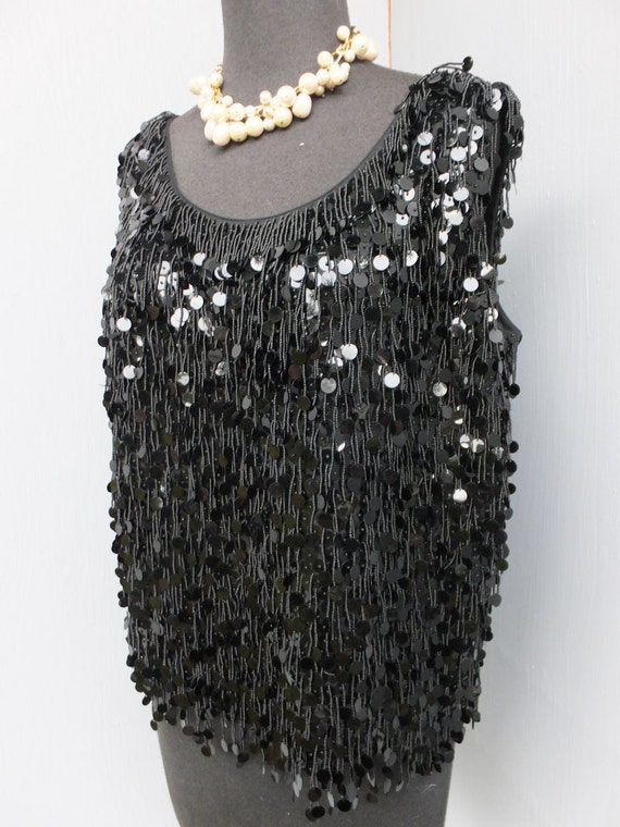 1960s Shell, BLACK Beaded and Sequin Shell, Sleev… - image 1