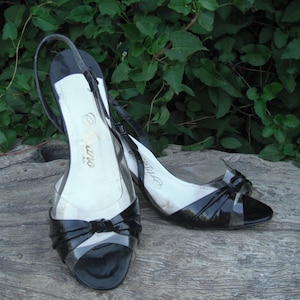 Vintage Amano Black and Clear Strappy Leather Heels/Sandals, made in USA size 7.5 M