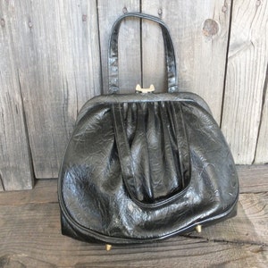 Bolso o cartera vintage, con asa superior de cuero negro o imitación de vinilo, bolso tote, estilo bohemio o informal.