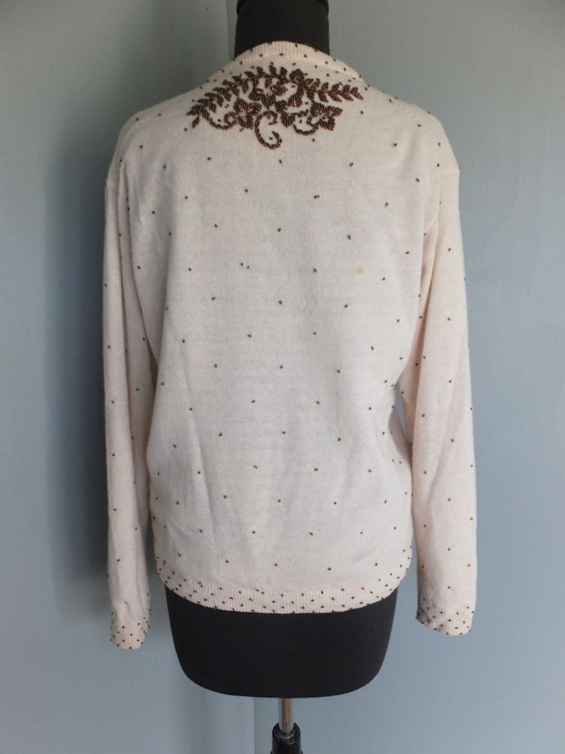 Vintage Beaded Sweater Holiday Bronze Beads Creamy White Wool Sweater Elegant Evening Wear Cocktail