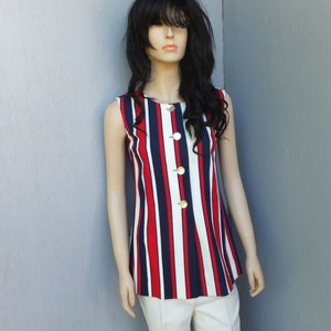 Vintage Blouse Vest, Frank Lee, 1970s Red, White and Blue Sleeveless Top or Vest, Patriotic, USA, Tunic
