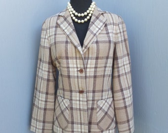 Vintage 1970s KORET of California Plaid Wool Jacket, Academia, Preppy, School Blazer or Jacket, Brown Plaid, Medium