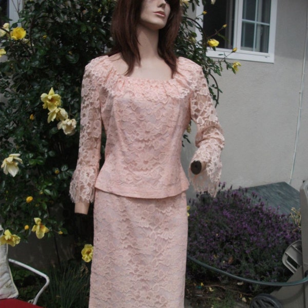 Vintage 60s/70s Suit, Pink Lace, Feminine 2pc set, Ruffles and Lace, Skirt and Blouse, Bridal or Mother of the Bride, Size 16