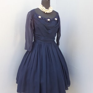 1950s/50s FERMAN O&#39;GRADY Navy Blue Fit & Flare New Look Chiffon Party Dress, Prom Dress Metal Zipper, Full Circle Skirt