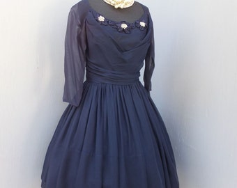 1950s/50s FERMAN O'GRADY Navy Blue Fit & Flare New Look Chiffon Party Dress, Prom Dress Metal Zipper, Full Circle Skirt