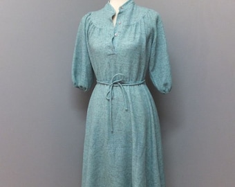 Vintage 1970s/80s Dress, Lady Carol of New York, Blue, Lightweight Full Skirt w/Original Belt, Career or School