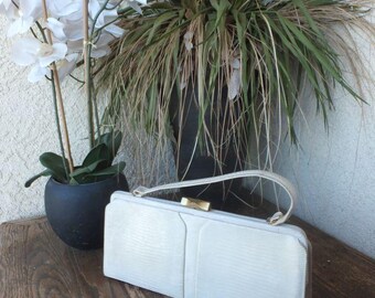 Vintage 1950s White Lizare Leather Handbag/Palazio New York/Mid Century Luxury Evening Purse, Ivory Exotic Leather Bag