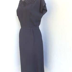 Vintage 1940s/50s Black Crepe Dress, Crochet Bodice, Wiggle Dress, Classic Black Cocktail Dress, Side Metal Zipper