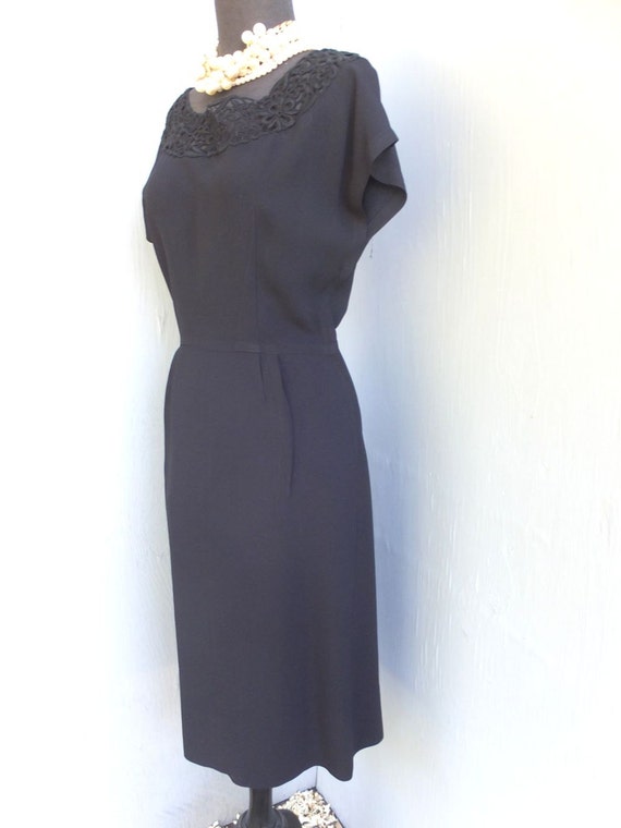 Vintage 1940s/50s Black Crepe Dress, Crochet Bodi… - image 1