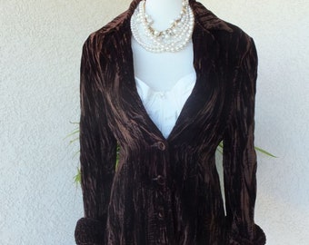 Vintage 1980s Brown Crushed Velvet Jacket, genesio for Sunny Chayes, Hip Jacket, Boho or Formal, size M
