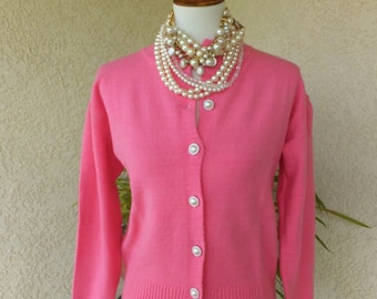 Vintage 80s Bright Pink Button Down Sweater, Academia Career Cardigan w/Pearl Type Buttons Medium