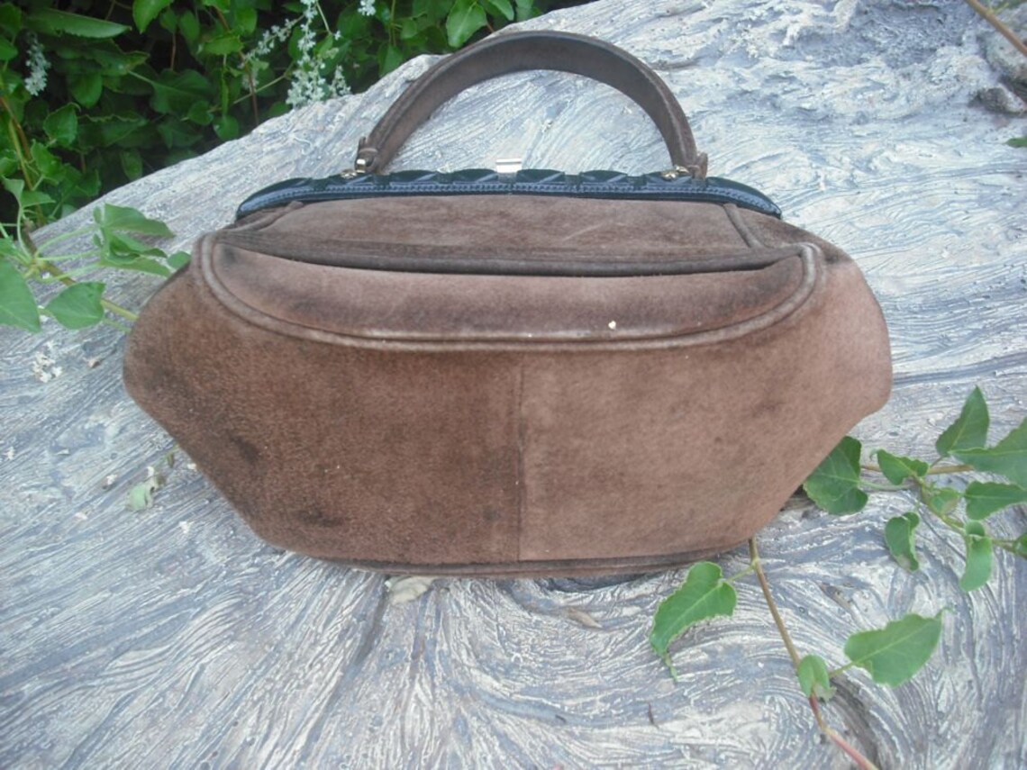 Vintage 1960s/70s  Chocolate Brown Leather/Suede Purse,  Small Leather Handbag,  BOHO, Top Handle, foto 3 di 5