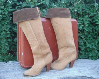 Vintage 1980s Zodiac SUEDE Two Tone Knee High Boots w/Chunky High Heel Leather Boots size 5.5  High Boots