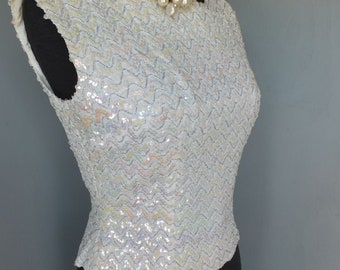 Vintage 1960s Top, Iridescent Sequined Shell, Stephen O'Grady, Holiday Sparkle, Cocktail, Dinner, Sleeveless Top, Las Vegas, Small