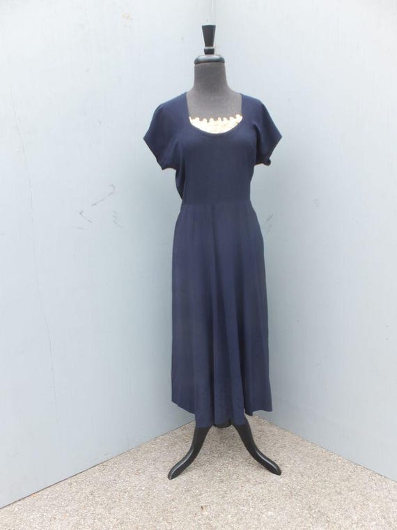 Vintage 1940s Paul Sachs Original Dress -- Navy Blue w/Creamy White Lace Bodice Insert, Side Zipper, Classic Silhouette