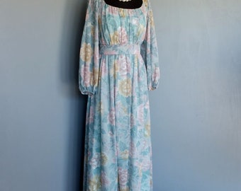 Vintage 1970s Maxi Dress, Emma Domb of California, Blue Floral, Long Dress, Bridesmaid, Prairie, Prom, Hostess