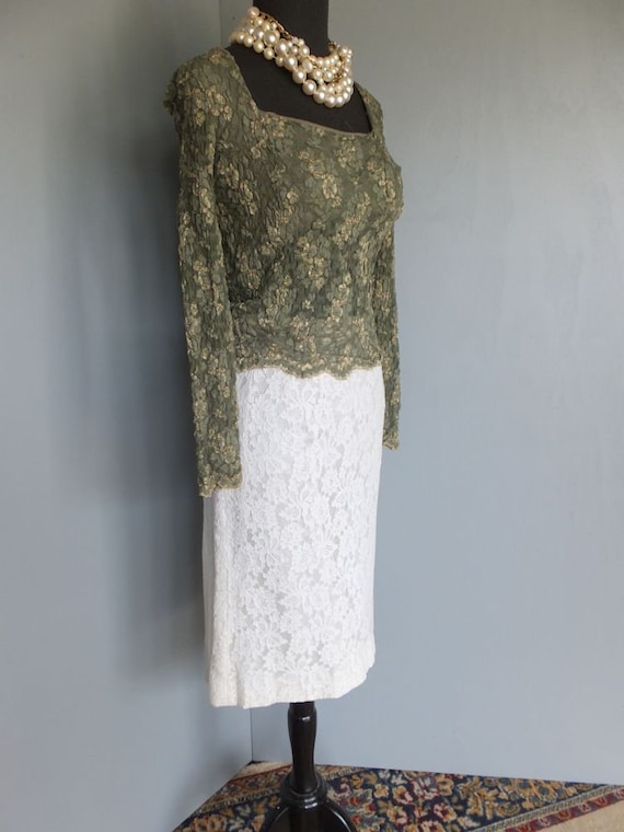 Vintage 1960s Lace Skirt, White Lace Pencil Skirt… - image 1