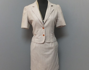 Vintage 1980s COLLEGE TOWN Suit, Brown & White Striped 2 Pc. Suit, Lightweight Summer Suit, Polyester and Cotton, Medium