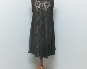 Vintage Dress, Sue Gail, Black Lace w/Peach Satin Lining lace then Chiffon, Shift Style Elegance, Metal Zipper, Evening Glam, 34 Bust