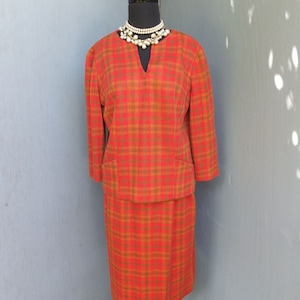 Vintage 50s Suit, Carol Craig, Two Pc Wool Suit, Orange Plaid Suit, Skirt and Top,  Fall and Winter Fashion, size 14