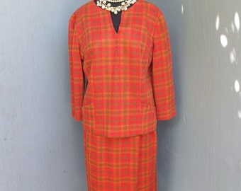 Vintage 50s Suit, Carol Craig, Two Pc Wool Suit, Orange Plaid Suit, Skirt and Top,  Fall and Winter Fashion, size 14