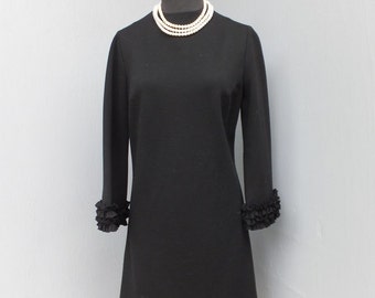 Vintage Julie Miller, Black WOOL Dress, LBD, Cocktail Dress, Dinner Dress, Evening or Holiday Dress, Unique Ruffle Sleeve and Hem, Medium