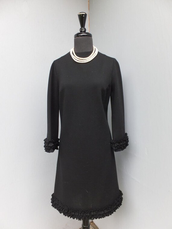 Vintage Julie Miller, Black WOOL Dress, LBD, Cocktail Dress, Dinner Dress, Evening or Holiday Dress, Unique Ruffle Sleeve and Hem,