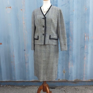 Vintage Majestic Prince of Wales Print Plaid Skirt Suit, Two Piece Union Made Career Wear Set in Black & white, bust 38, skirt waist 28