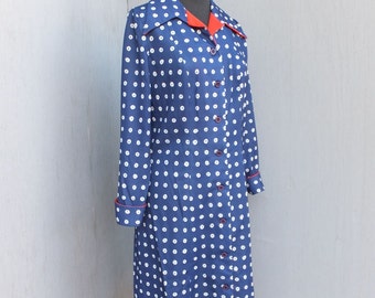 Vintage Dress, 70s, I. Magnin, Brown, Blue and White Graphic Dot Print, Secretary, Day or School