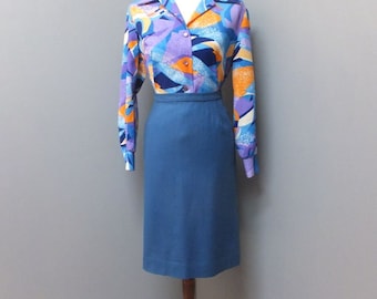 Vintage Ballantyne Skirt, Made in Scotland w/New Pure Wool Blue, Wiggle Secretary Academia Career Skirt, Waist 26