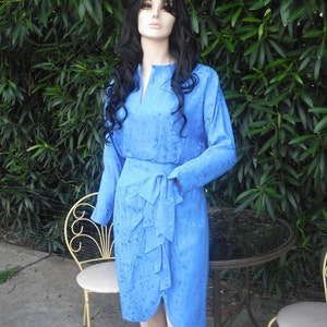 Vintage 80s Silk Studio Dress, Marine Blue Silk Dress, Petites size 8, Sarong Style Day Dress, Secretary Dress, Day Dress