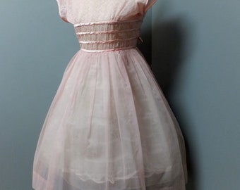Vintage 1950s Dress, New Look, Petiteen Original, Pink, Party, Prom, Rockabilly, Bombshell Party Dress, Bridesmaid Dress, Small 32 bust