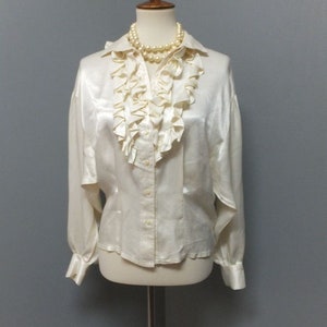 Vintage Gunne Sax Jessica McClintock Blouse Creamy Ivory  Satin Poet&#39;s Blouse w/Ruffled Bodice size Large