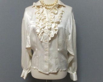 Vintage Gunne Sax Jessica McClintock Blouse Creamy Ivory  Satin Poet's Blouse w/Ruffled Bodice size Large