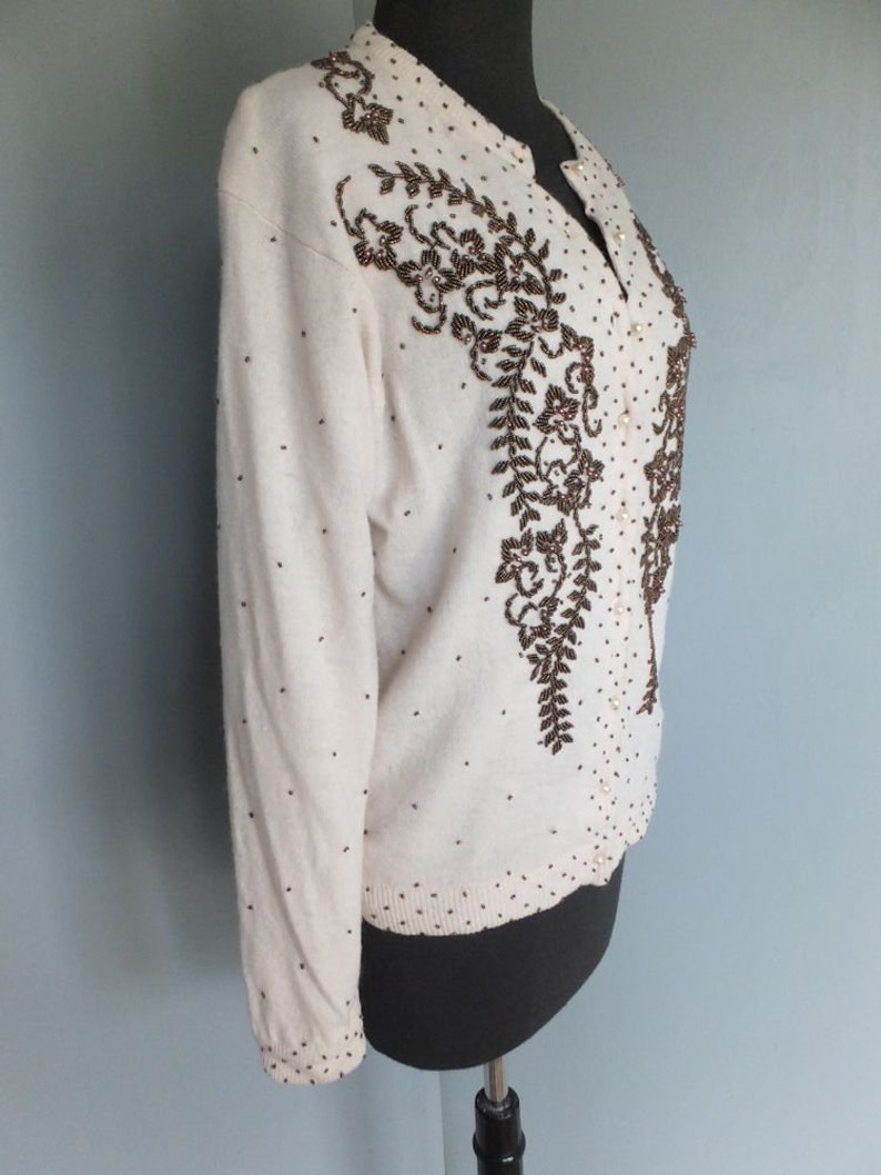 Vintage Beaded Sweater Holiday Bronze Beads Creamy White Wool Sweater Elegant Evening Wear Cocktail