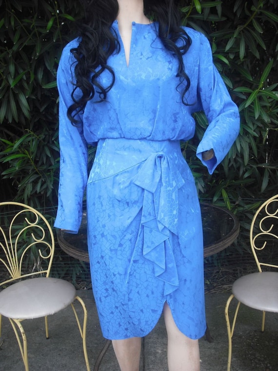silk studio dress Vintage 80s Silk Studio Dress, Marine Blue Silk Dress, Petites Size 8,  Sarong Style Day Dress, Secretary Dress, Day Dress