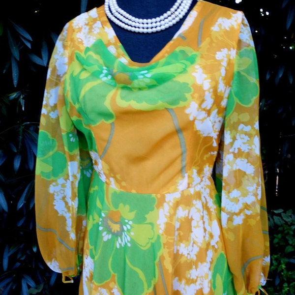 Vintage 1970s Dress, Green and Gold Floral Chiffon with Drape Neckline and Sheer Sleeves, 34 Bust