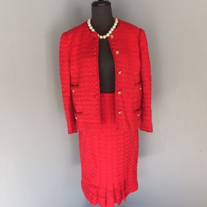 Vintage 1980s/90s  Red Wool 2 pc. Suit, Saks Fifth Avenue, Made in France, Business or Holiday Suit, Dressy, Cocktail, Dinner, Elegant,