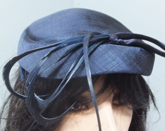 Vintage Wool Hat Blue Pillbox Hat Feather Melusse Church Hat Vintage Navy Blue Pill Box Hat W/feather Detailing, Church  main image 3