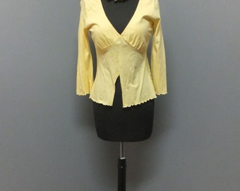 1990s Rampage Clothing Company V Neck Top or Blouse Yellow w/Lace Back size M