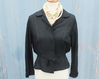 Classic 1940s Saks Fifth Avenue Black Silk Fitted Long Sleeve Jacket / 38 Bust, 28 Waist