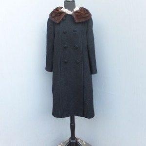 Vintage 1960s Double Breasted Dress Coat, Carillon,  Full Length Black Wool Coat w/MINK Collar / Petite